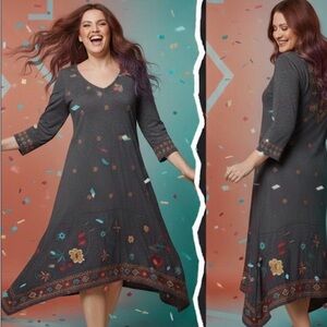 Johnny Was Embroidered Gray Med Handkerchief Dress